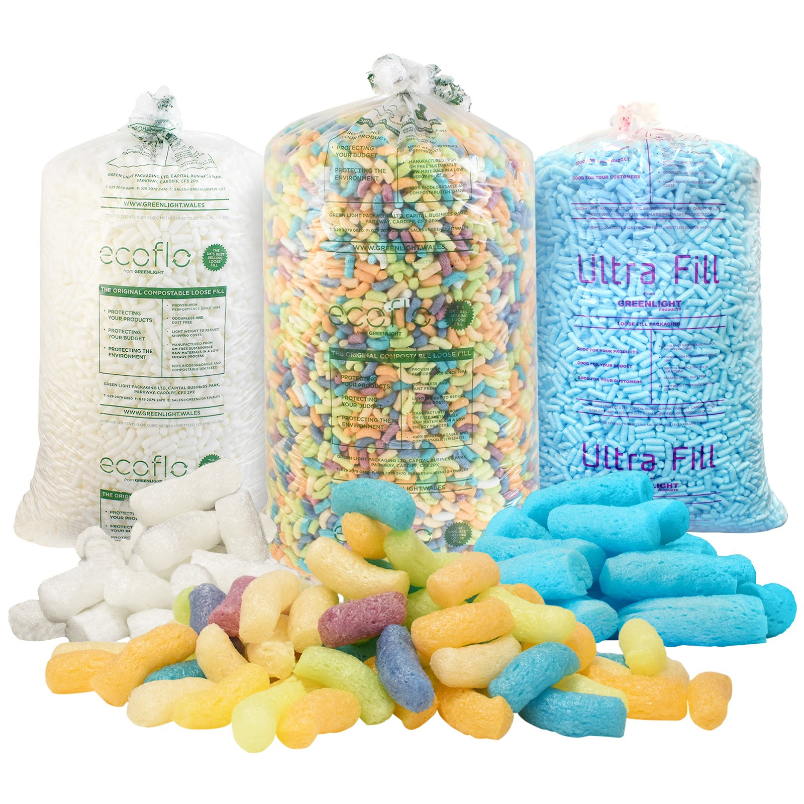 Eco-friendly multicoloured packing peanuts in a transparent bag with some samples beside the bag.