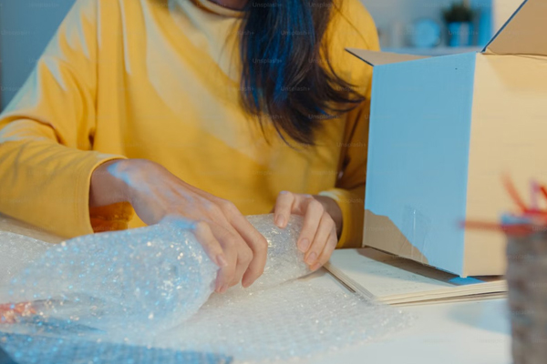 A woman wrapping her package with bubble wrap.