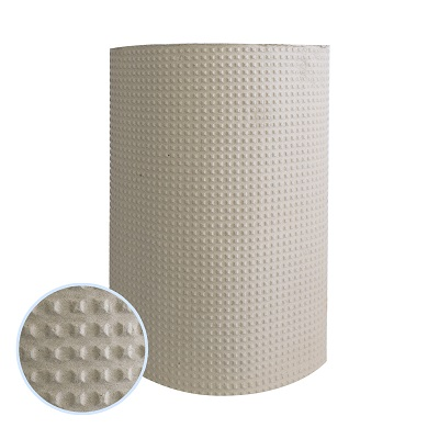A roll of beige cushioned packaging paper with a dimpled egg-crate texture, with a close-up detail of the pattern.
