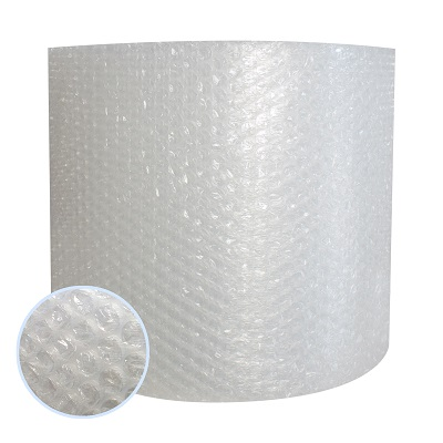 A roll of clear bubble wrap with a close-up detail of the bubble texture.