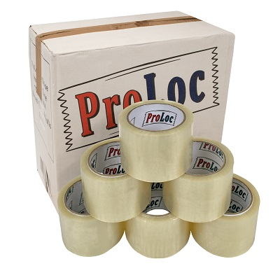 ProLoc clear low-noise packing tape rolls stacked beside a branded cardboard box.
