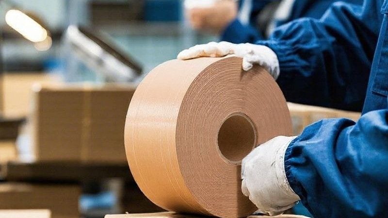 Worker in gloves handling a large roll of water-activated paper tape.