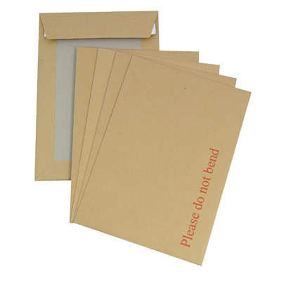 Stack of kraft board-backed mailers with "Please do not bend" text, showing peel-and-seal closure and protective cardboard backing.