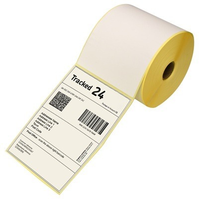A roll of 4x6" thermal labels, with one label being printed