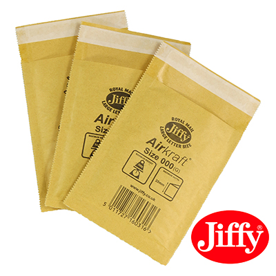 Three Jiffy Airkraft gold bubble envelopes fanned out, a cushioned, lightweight mailer option for shipping small cosmetics like lipsticks.