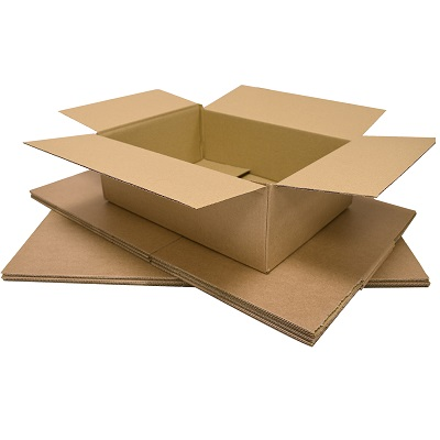 Open 12x9x3-inch single-wall cardboard box shown with flat-packed spares beneath, sized for shipping standard family board games.