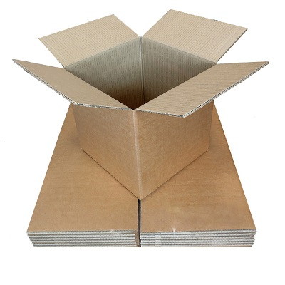 Open 12"x12"x12" double wall cardboard cube box with flat-packed spares beneath, suited to shipping heavy board games.