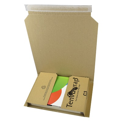 Open kraft brown Tenvowrap C3 book wrap showing the peel-and-seal adhesive strip and recycled corrugated board interior.