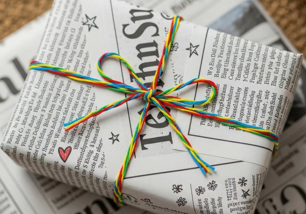 Gift wrapped in black-and-white newspaper and finished with a hand-tied bow of rainbow cotton twine.