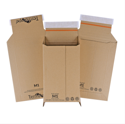 Three TenVelope M1 brown corrugated cardboard mailer boxes shown in flat, partially folded, and assembled forms against a white background.