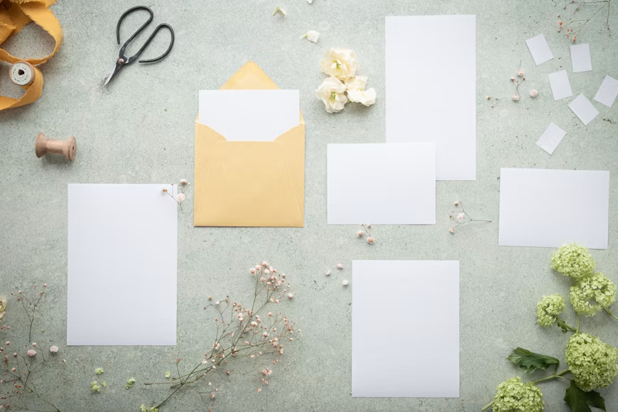 A group of white paper stickers on a grey surface with a brown paper envelope situated in between them.