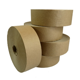 Five brown plain gummed paper tape rolls stacked to show bulk volume, ideal for high-output water-activated sealing.