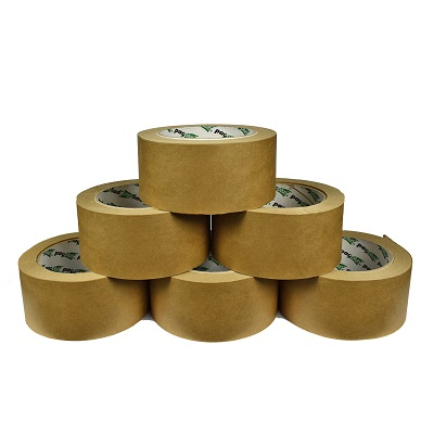 Six rolls of PacPlan brown kraft paper tape stacked in a pyramid on a white background.