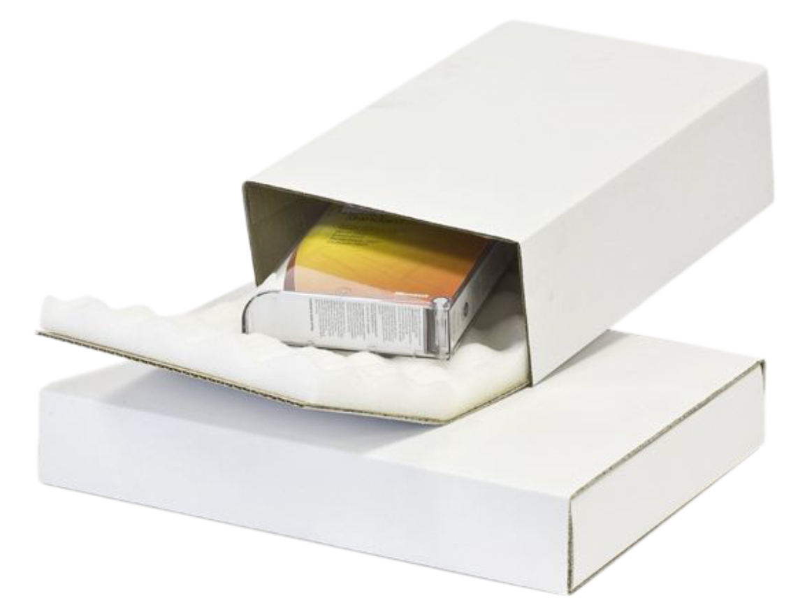 A white cardboard mailer box open with foam padding cushioning a CD case inside.