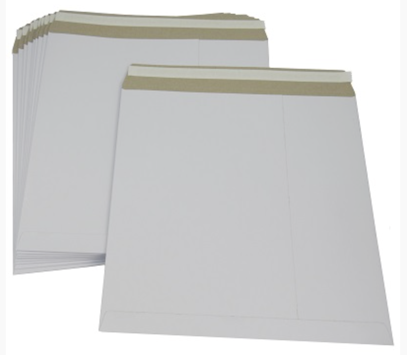 Stack of white square cardboard record mailers with peel-and-seal flaps.