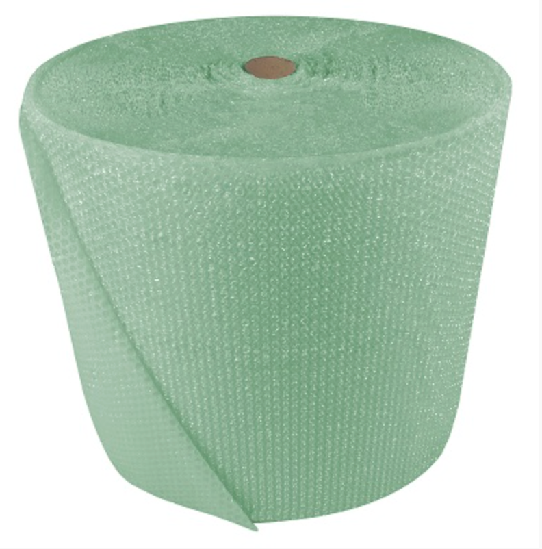 Large roll of green biodegradable bubble wrap with a cardboard core.
