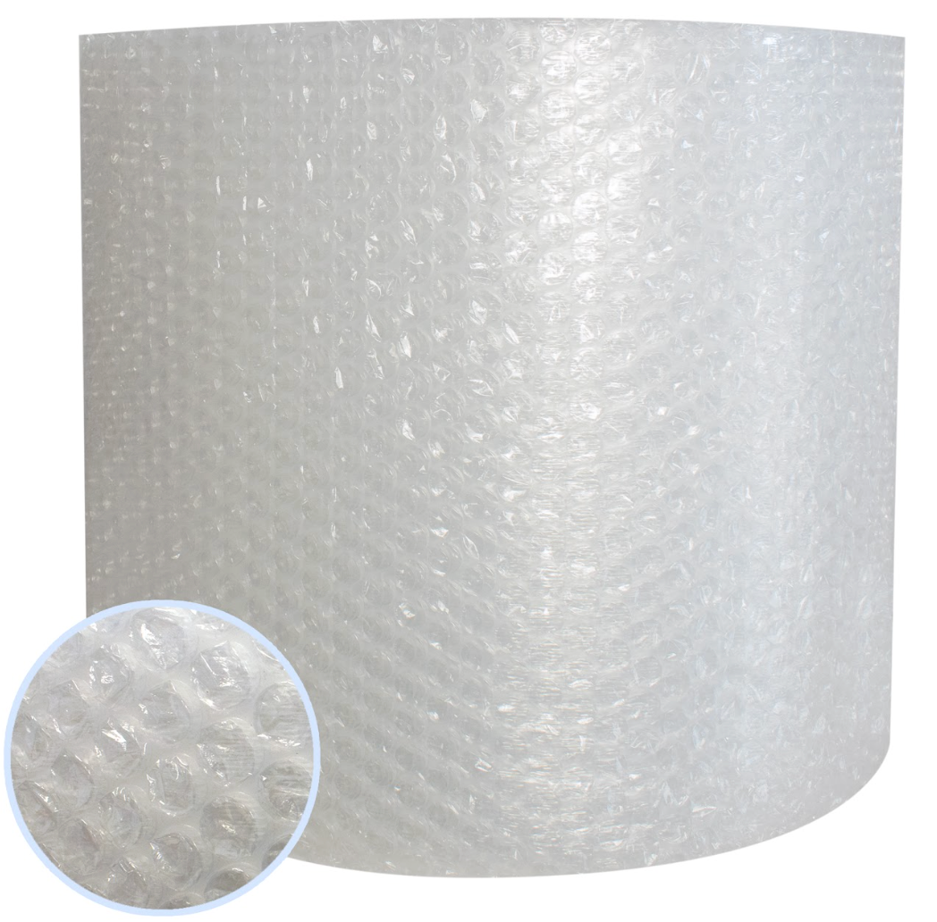 Roll of clear small bubble wrap with a zoomed-in detail of the bubbles.