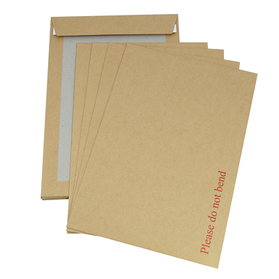 Brown kraft board-backed envelope printed with "Please do not bend" in red.