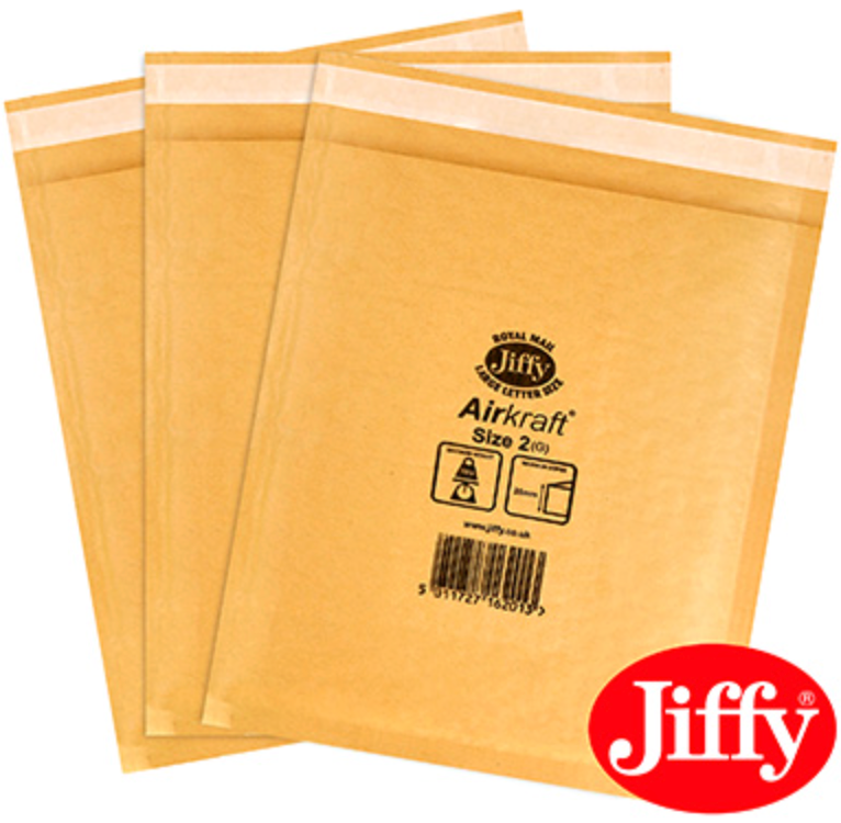 Three gold Jiffy Airkraft bubble envelopes fanned out with the red Jiffy logo in the corner.