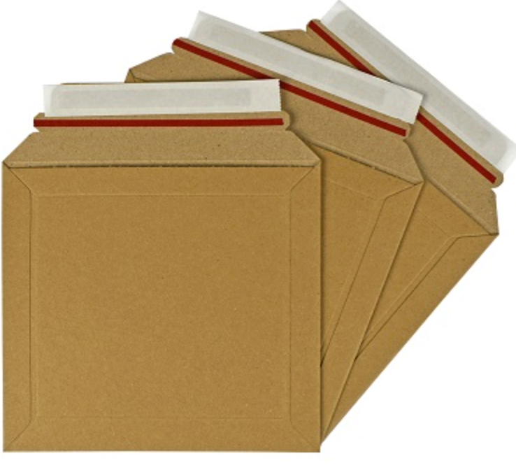 Three brown cardboard square envelopes with red tear strips and white peel-and-seal lips, fanned out.