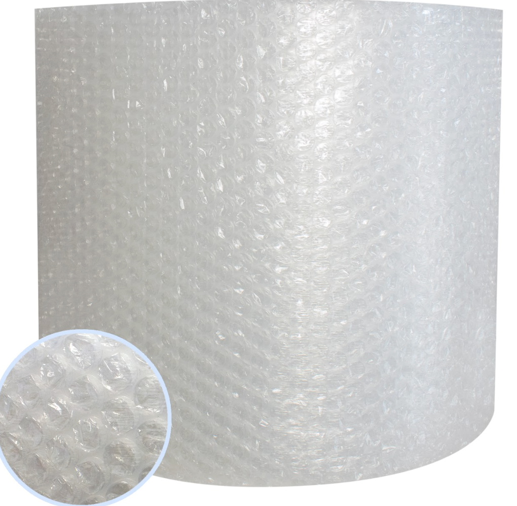 Large roll of clear small bubble wrap with a magnified inset showing the bubble texture detail.