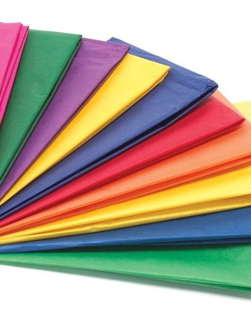 A fanned spread of coloured acid-free tissue paper sheets in rainbow shades, including green, purple, yellow, red, orange, blue, and pink.