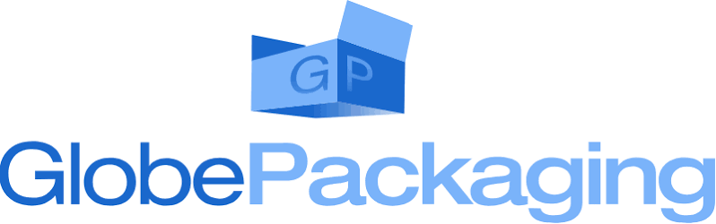 Globe Packaging company logo featuring a blue illustrated cardboard box with the letters GP and bold blue text below.