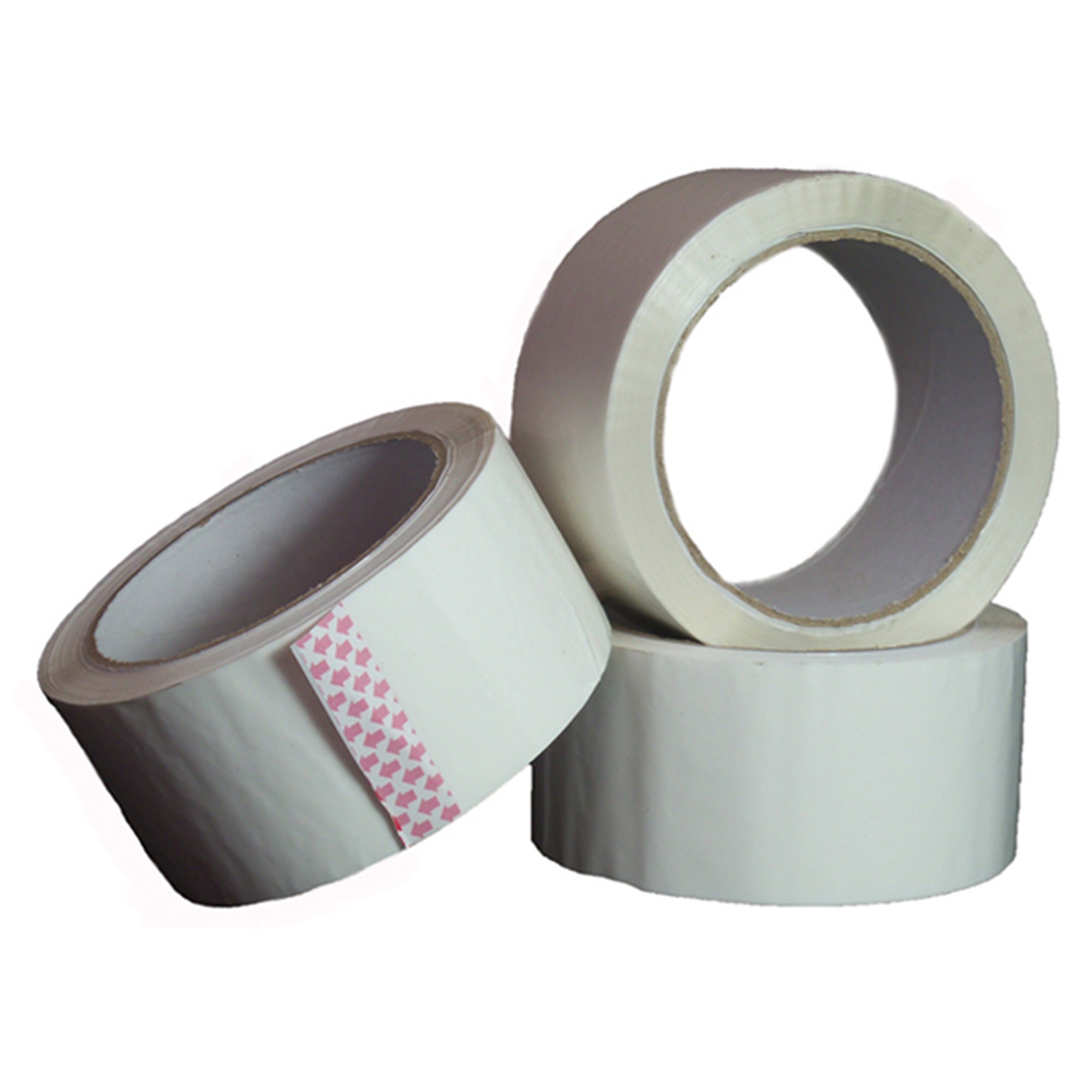 Three rolls of low-noise white packing tape stacked together on a white background.