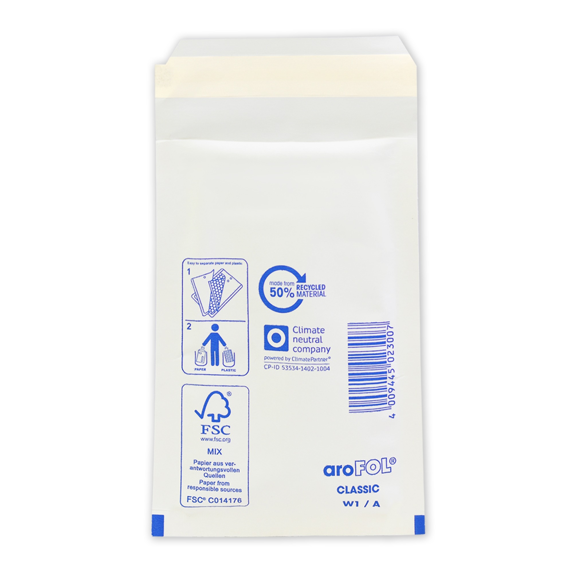 White AroFOL Classic bubble mailer envelope displaying FSC certification and 50% recycled material logos.