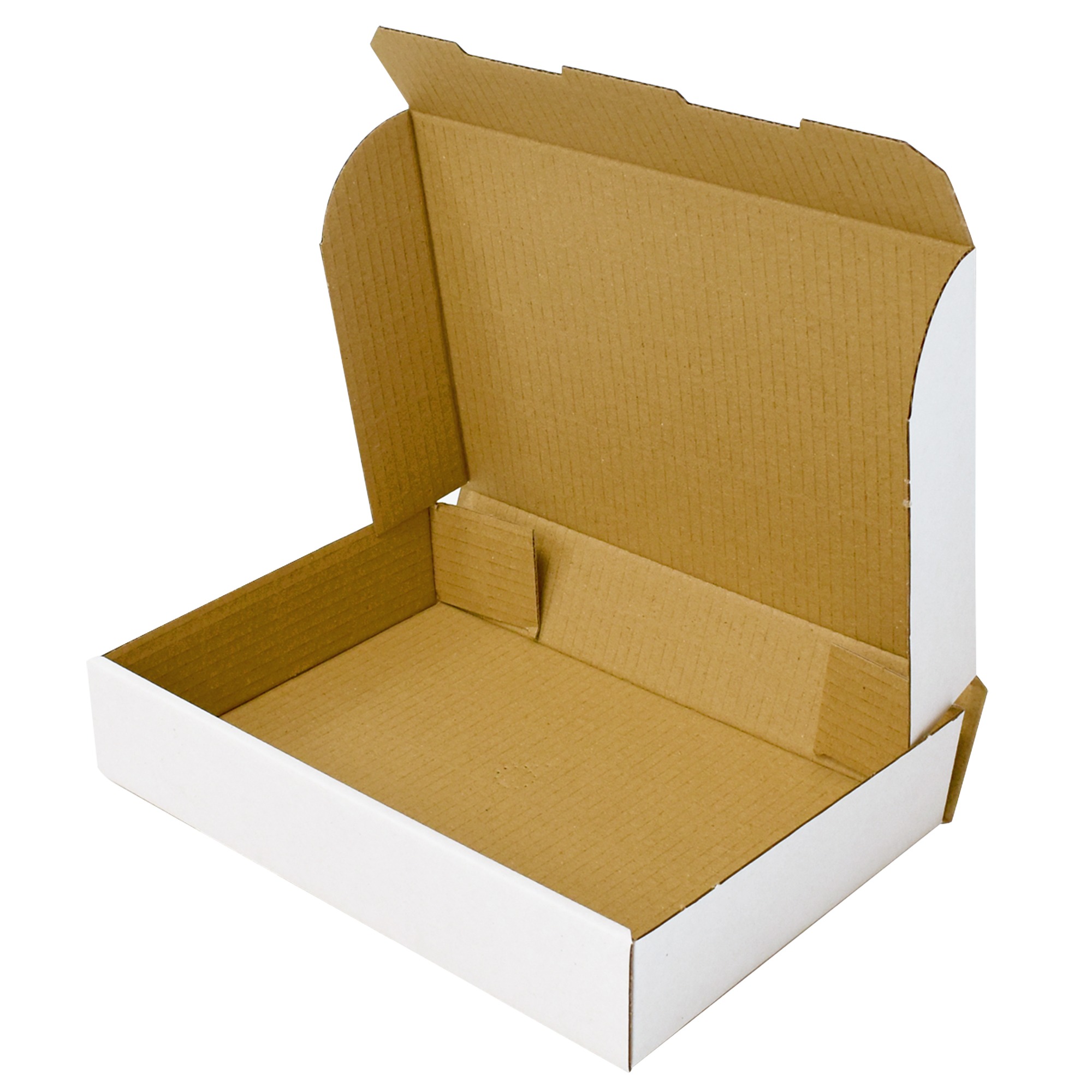 Open white corrugated cardboard mailer box with a brown kraft interior and a self-locking lid flap.