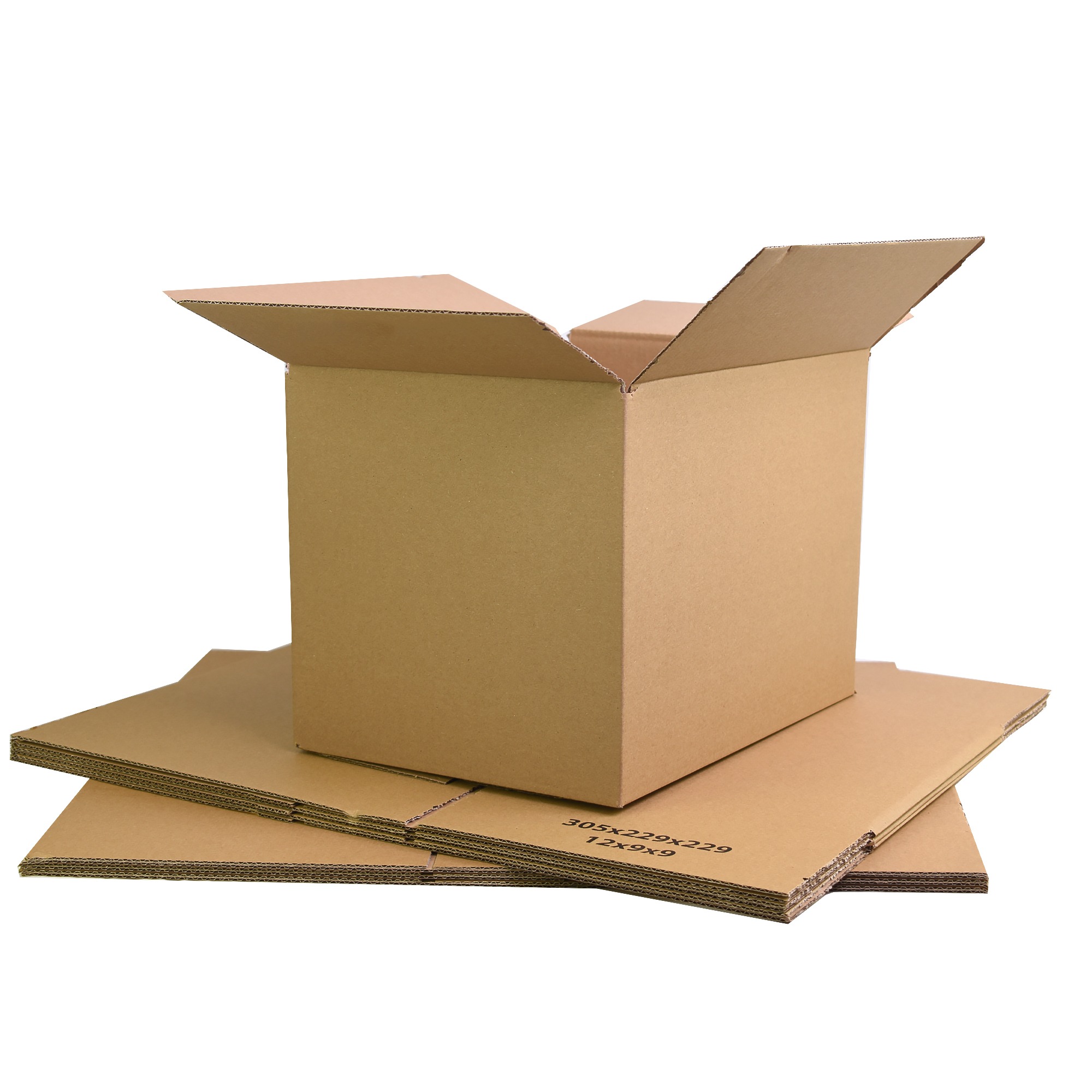 12 x 9 x 9 inch single-wall cardboard box, open on top of flat-packed boxes.
