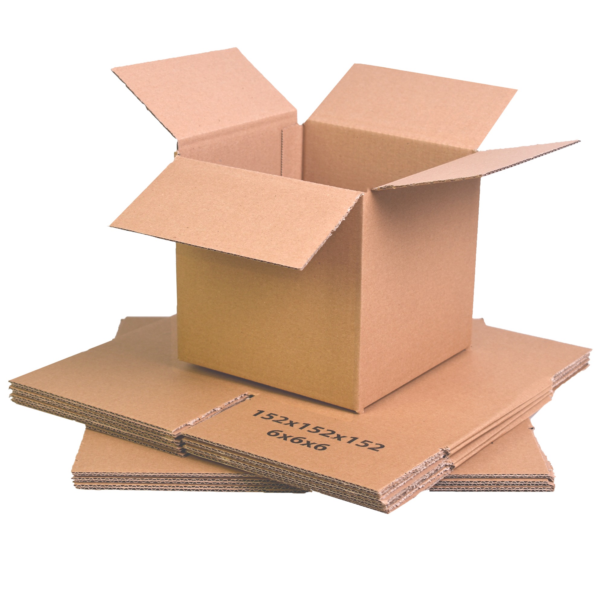 6" x 6" x 6" single-wall cardboard box, open on top, for flat-packed boxes.
