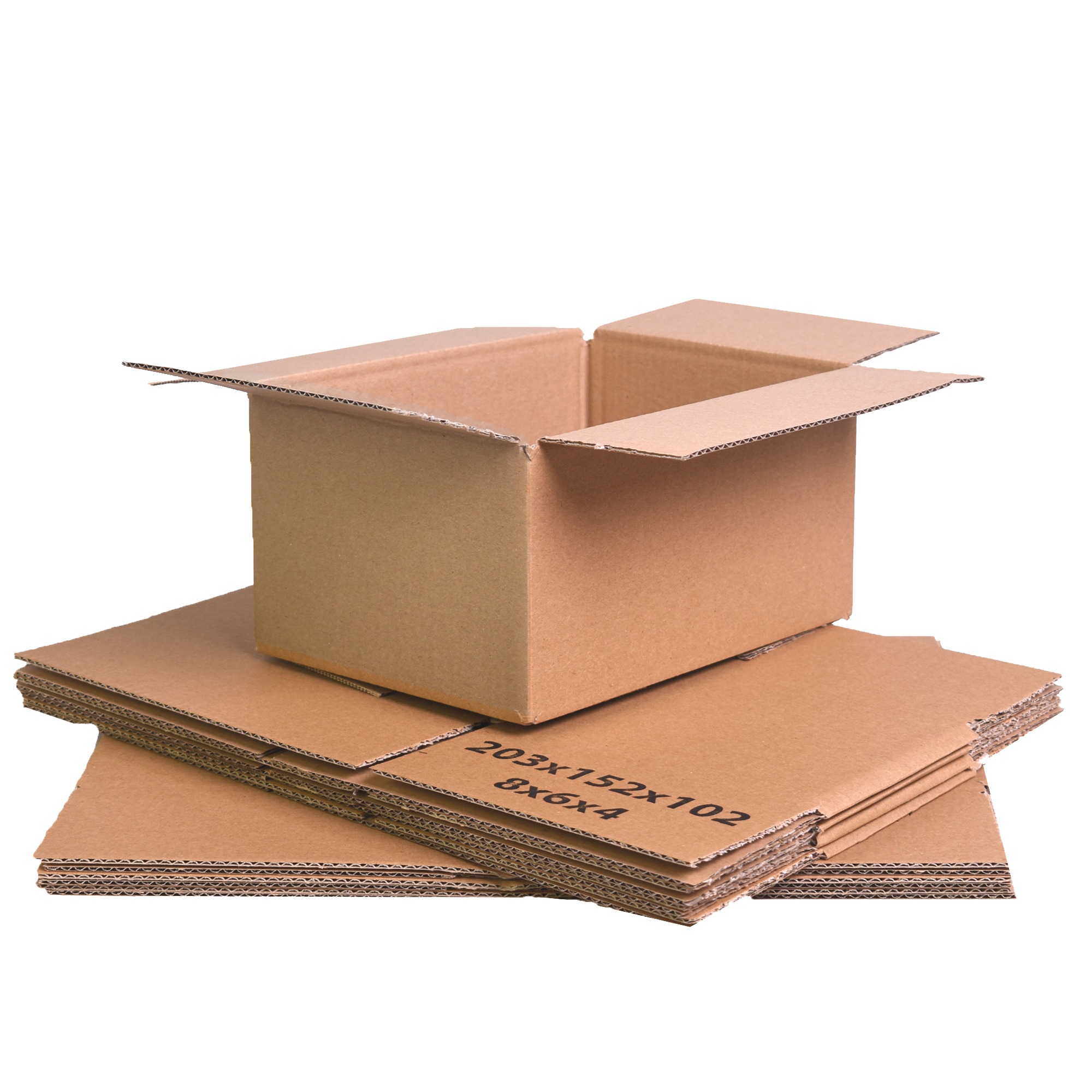8 x 6 x 4 inch single-wall cardboard box, open on top, for flat-packed boxes.