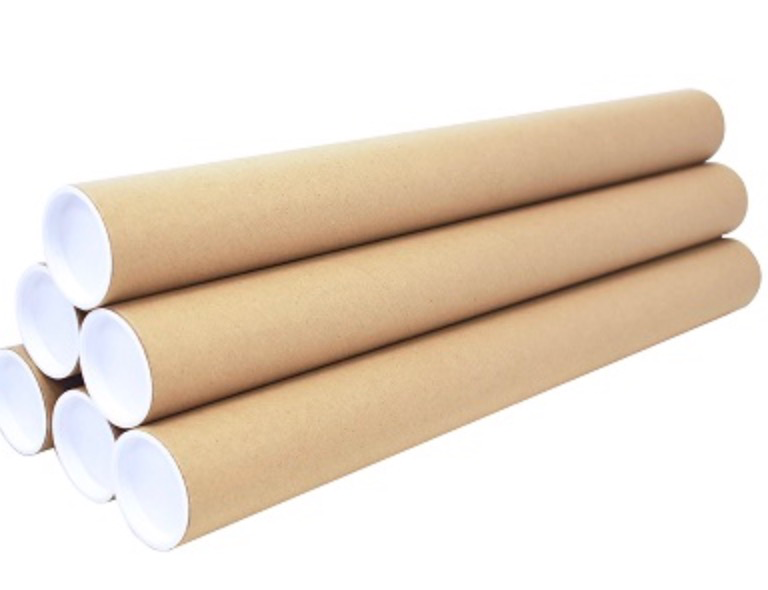 Stack of brown cardboard postal tubes with white plastic end caps for shipping rolled prints.
