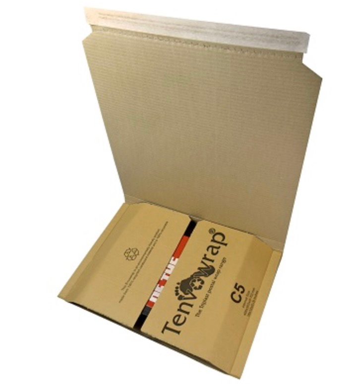 Open C5 Tenvowrap book wrap mailer showing adjustable depth design and peel-and-seal closure.