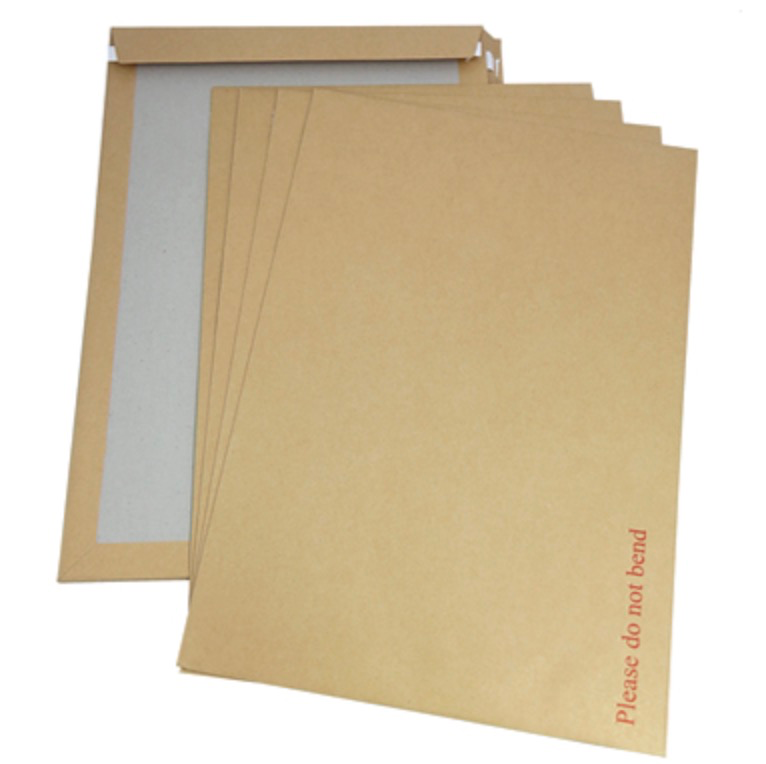 Stack of C3 board-back envelopes with "Please do not bend" printed in red on kraft paper.