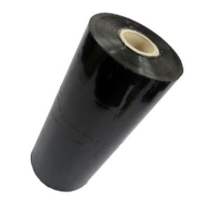Roll of black machine stretch pallet wrap film on a cardboard core.