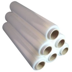 Stack of clear pallet wrap rolls.