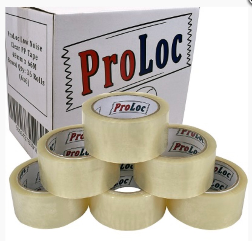 Six rolls of ProLoc clear low noise packing tape stacked in front of their branded box.