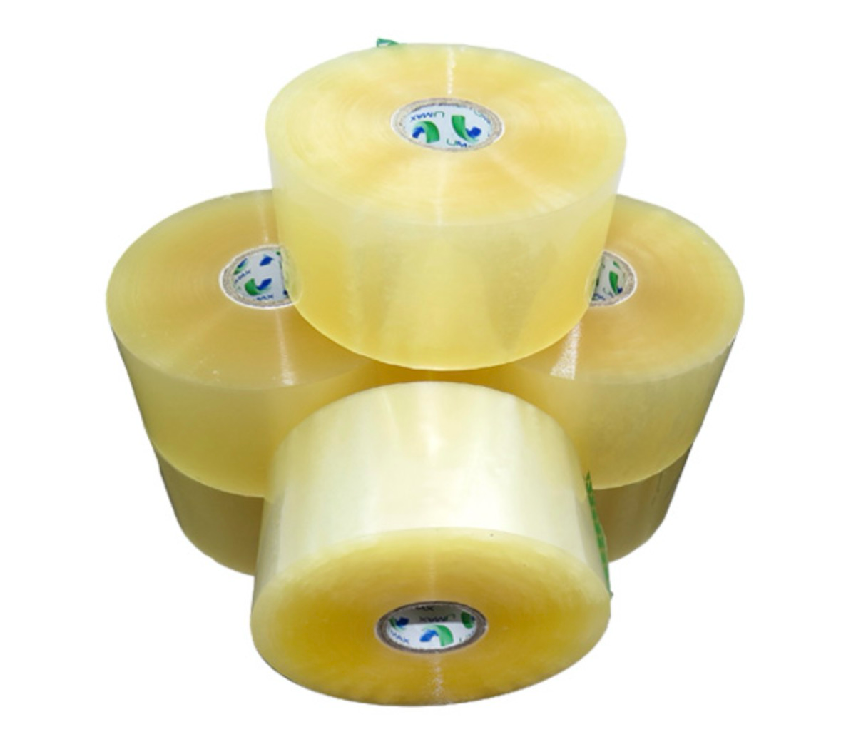 Four stacked rolls of clear Umax-branded polypropylene packing tape on a white background.