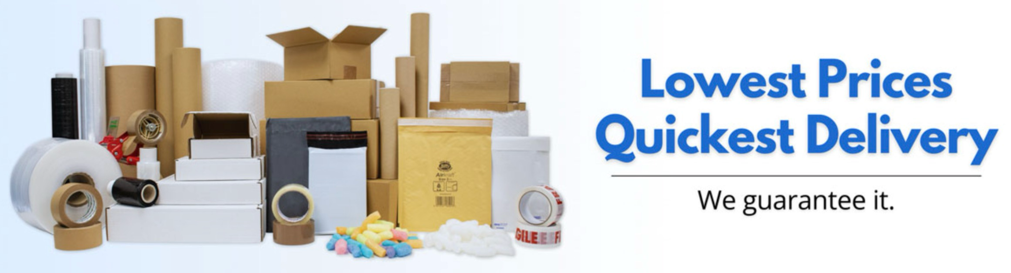 Globe Packaging banner guaranteeing lowest prices and quick delivery.