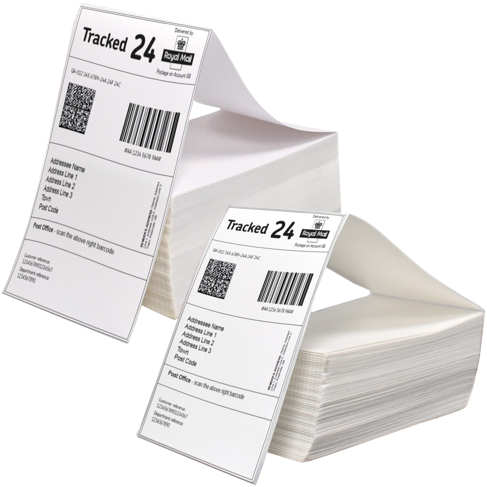 Stack of 4 x 8 inch fanfold direct thermal labels folded in an accordion pile.