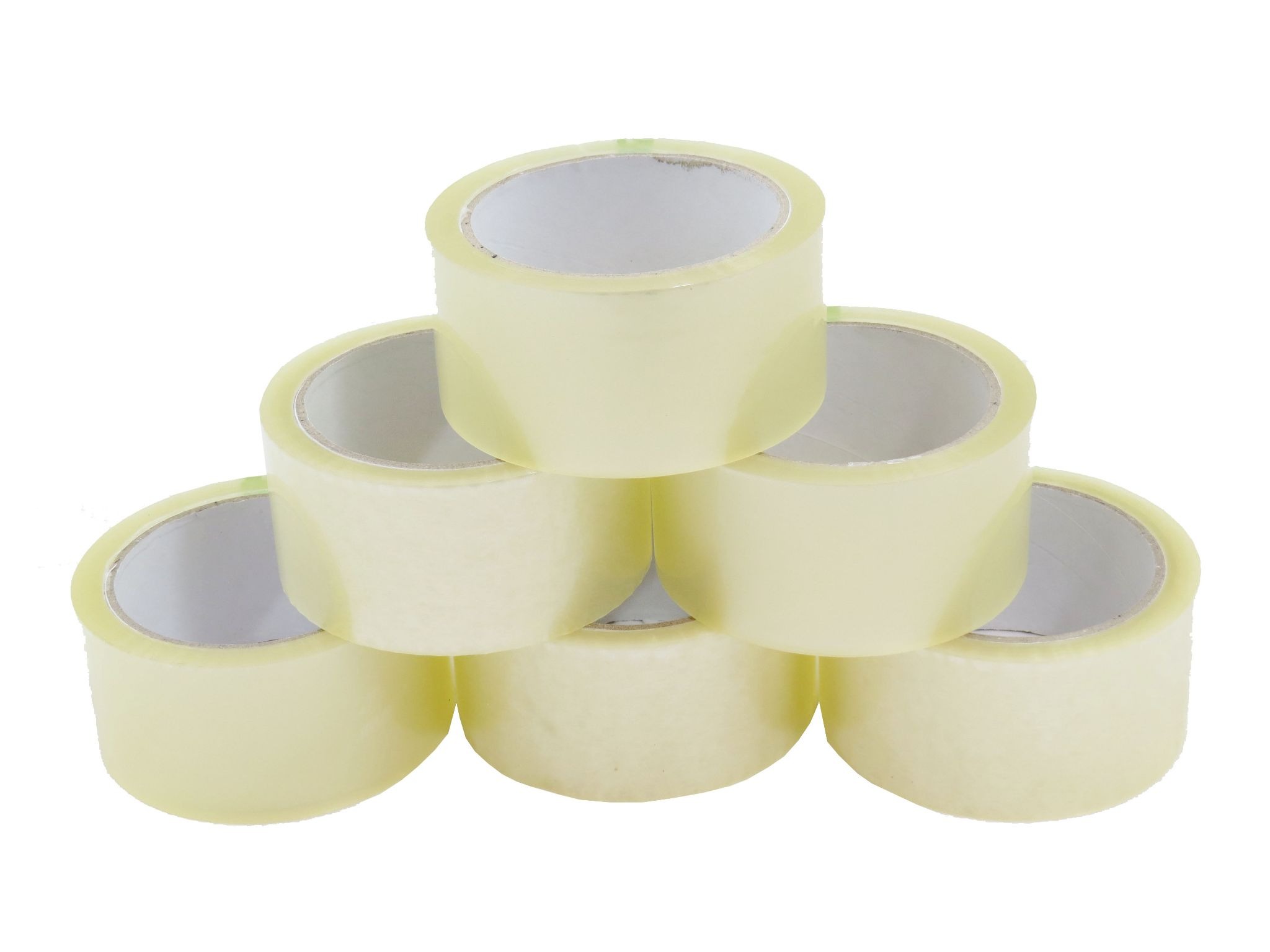 Six rolls of clear polypropylene packing tape stacked in a pyramid on a white background.