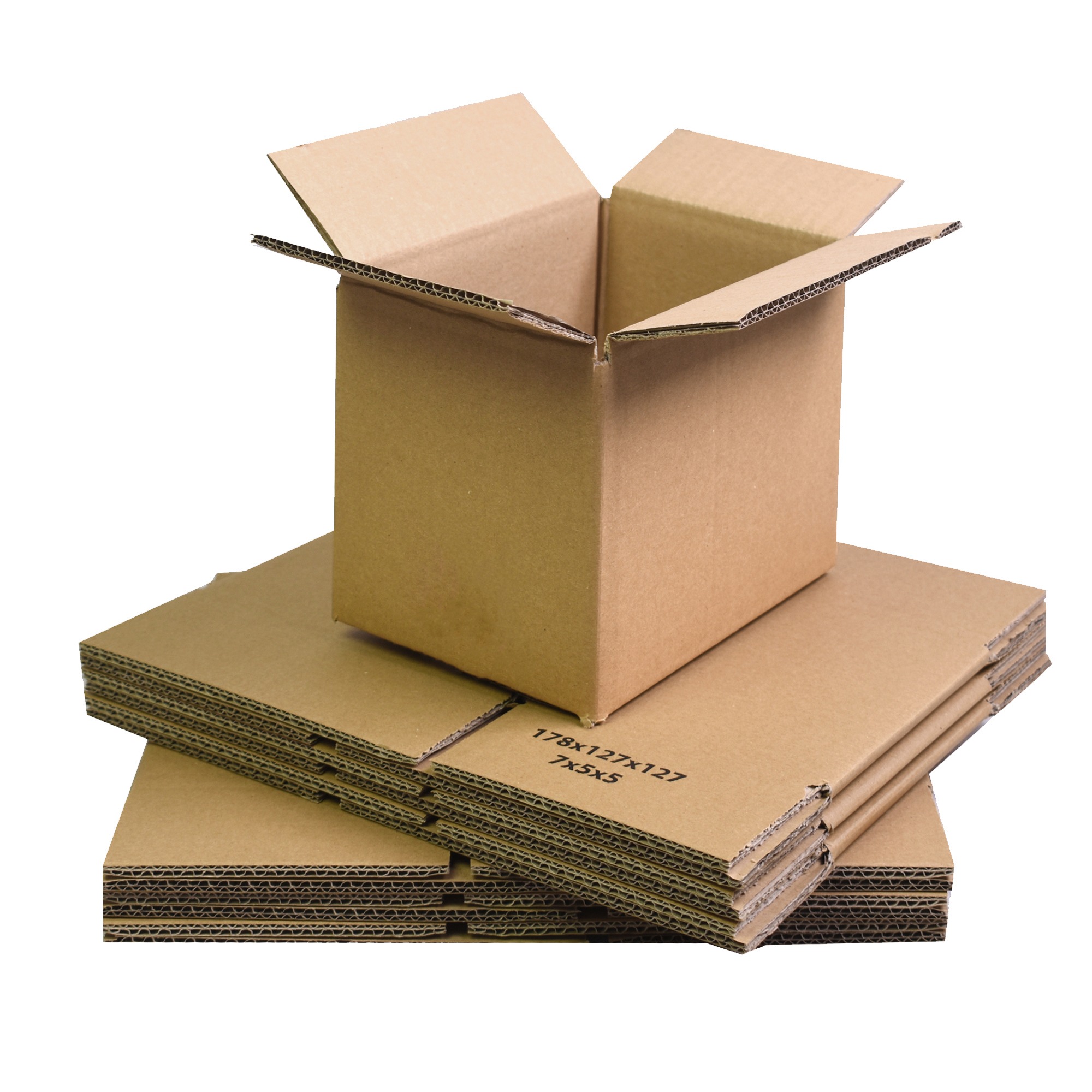 Assembled double-wall corrugated box sitting on a stack of flat-packed boxes.
