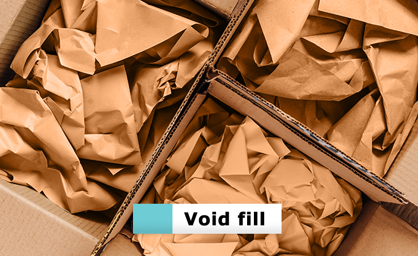 Cardboard boxes packed with crumpled kraft paper void fill.