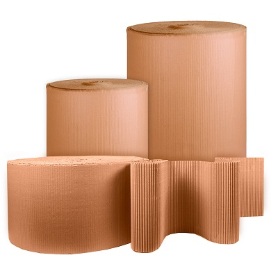 Corrugated paper rolls in several widths with one partly unrolled, showing the fluted side that cushions items in transit.