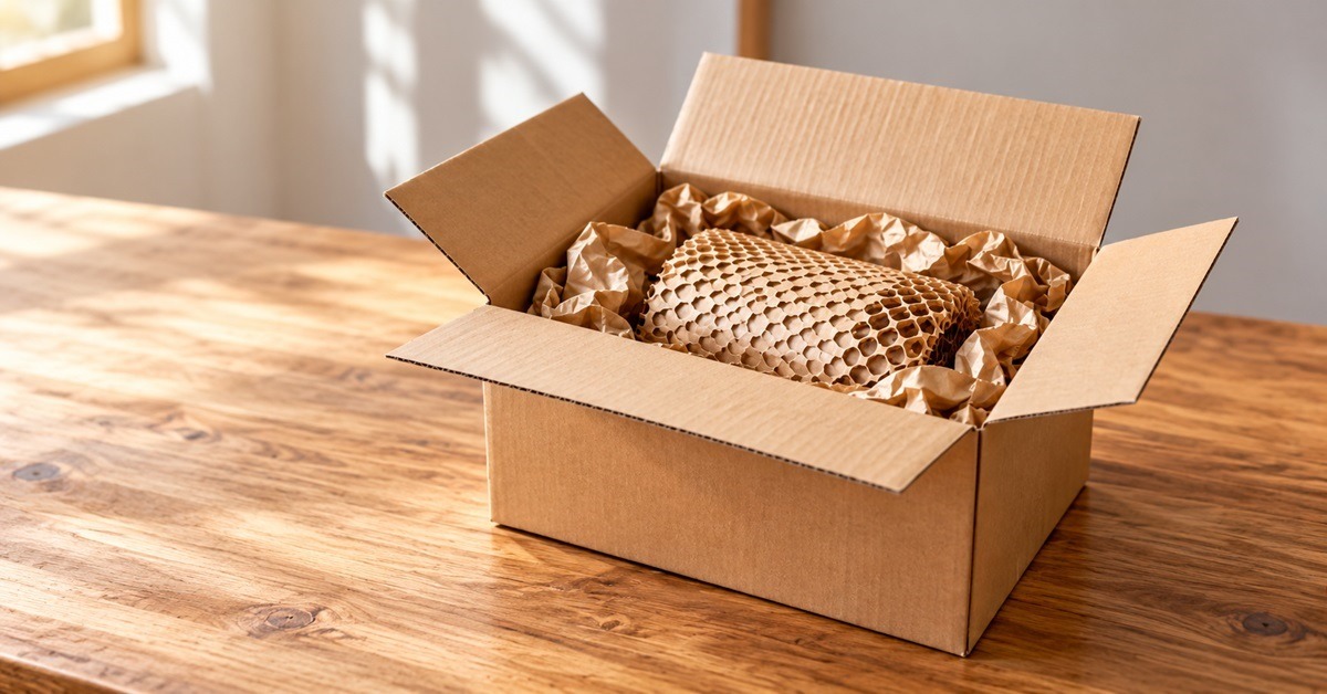 Corrugated box packed with a honeycomb paper-wrapped item and crumpled kraft paper, showing a fully plastic-free parcel.