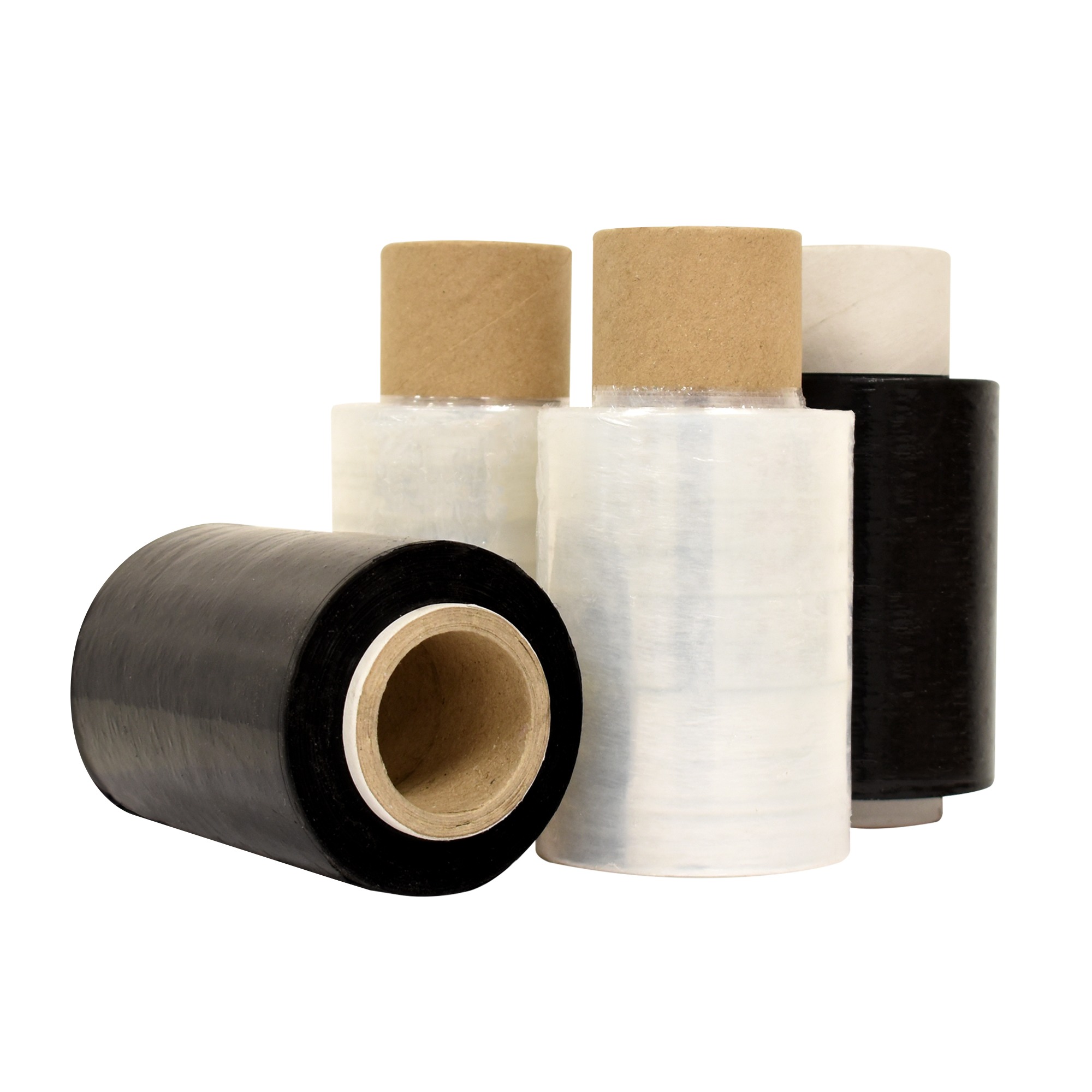 Clear and black mini stretch wrap rolls on cardboard cores, used for bundling small parcels and awkward-shaped goods.