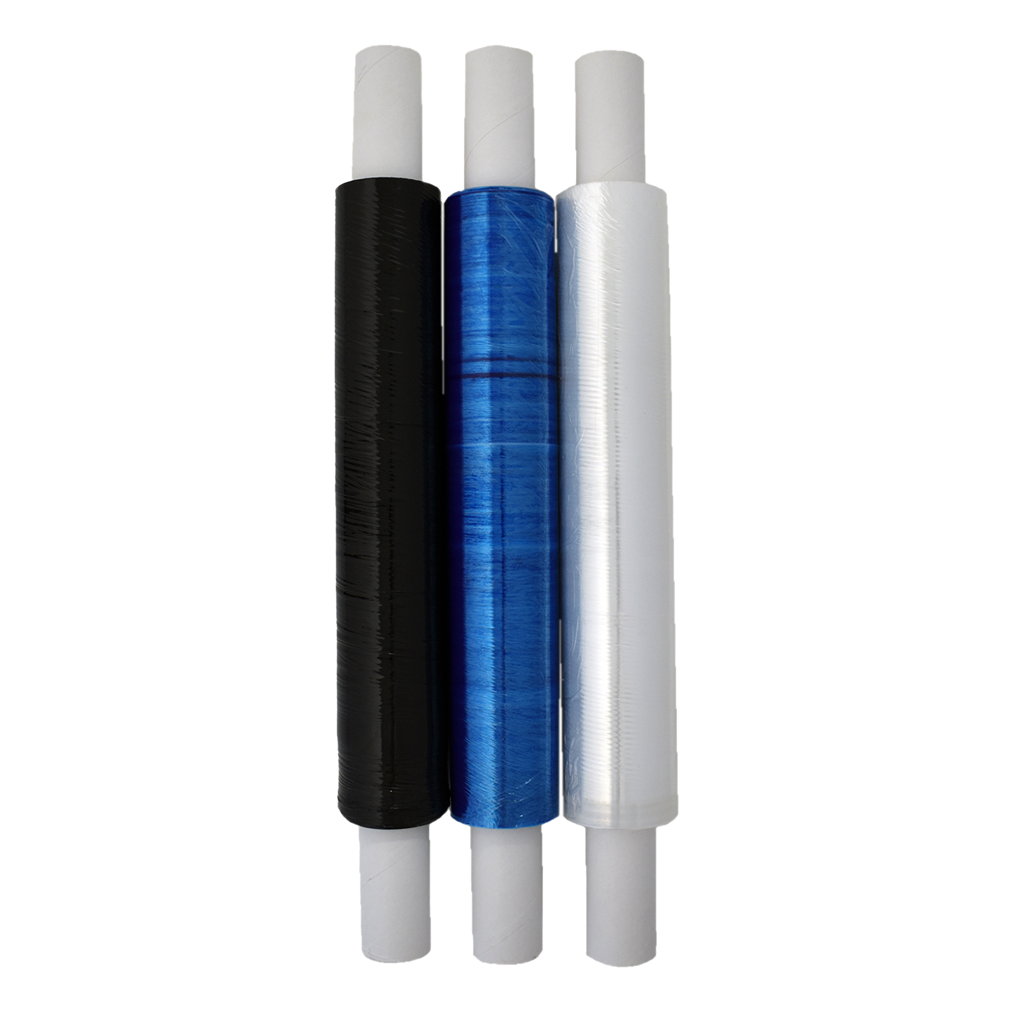 Black, blue and clear extended core stretch wrap rolls, with core ends that work as handles for easier wrapping by hand.
