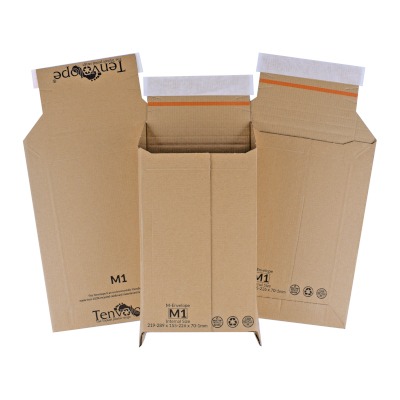Three Tenvolope M1 recycled corrugated M-envelope boxes with peel-and-seal strips, used for posting e-readers and small flat devices. 